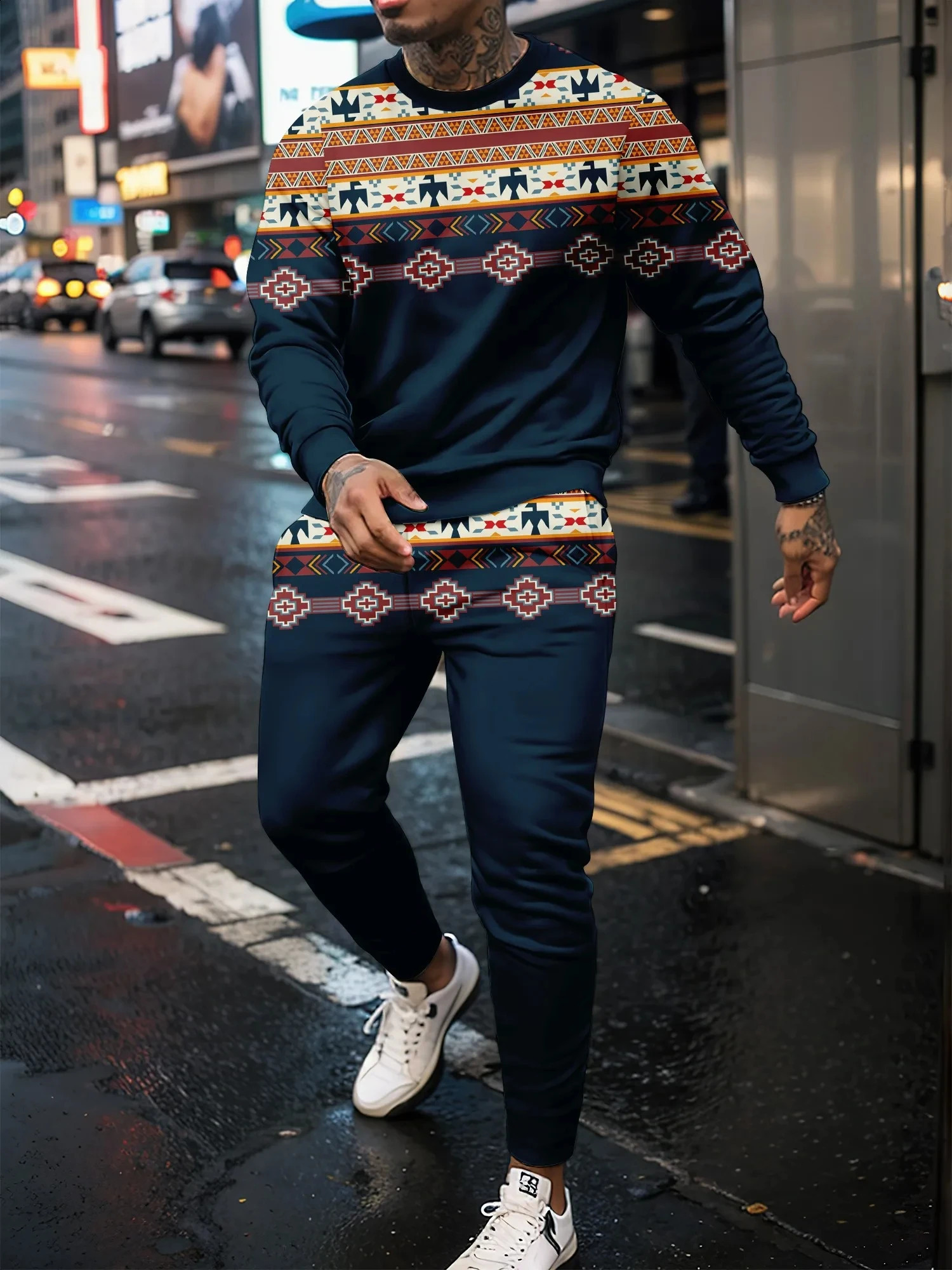 3D Splicing Mens Casual Suit With Round Neck Long Sleeve And Long Pants Fashion Mens Sports Street Personalized Jogging Suits 240821