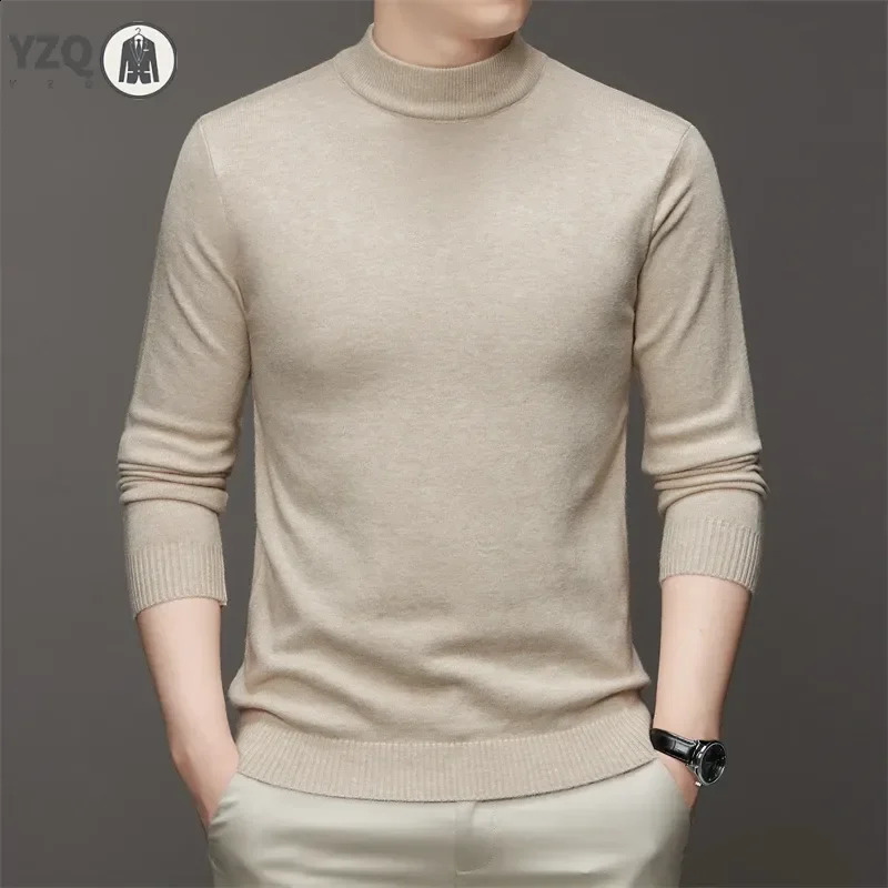 Mens semi high neck long sleeved solid color sweater soft warm and comfortable with a base at the top 240821