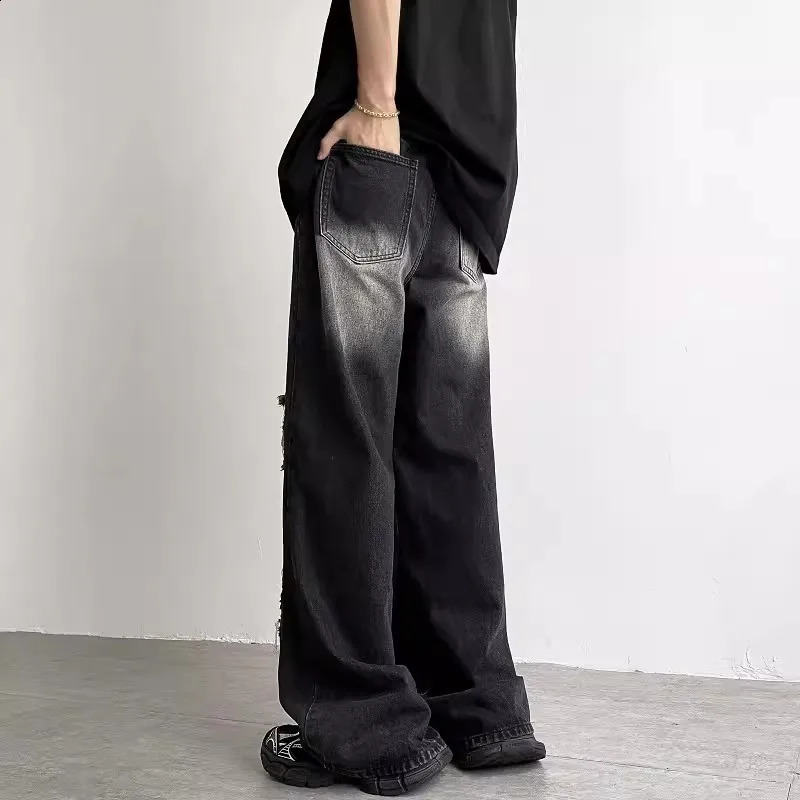 Mens Y2K Clothes Goth Denim Pants Men Wide Leg Ripped Jeans Black High Street Baggy Jeans Wash Streetwear 240821