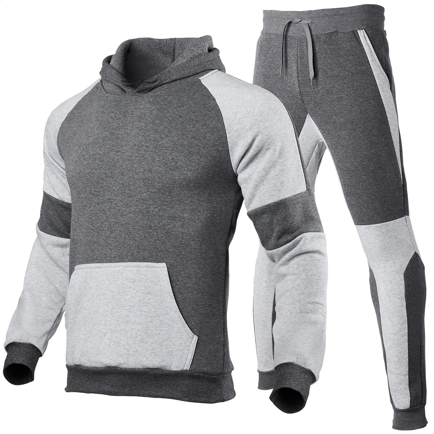 Mens casual multi-stitching plus fleece off-shoulder hoodie suit fashion sports suit 240821