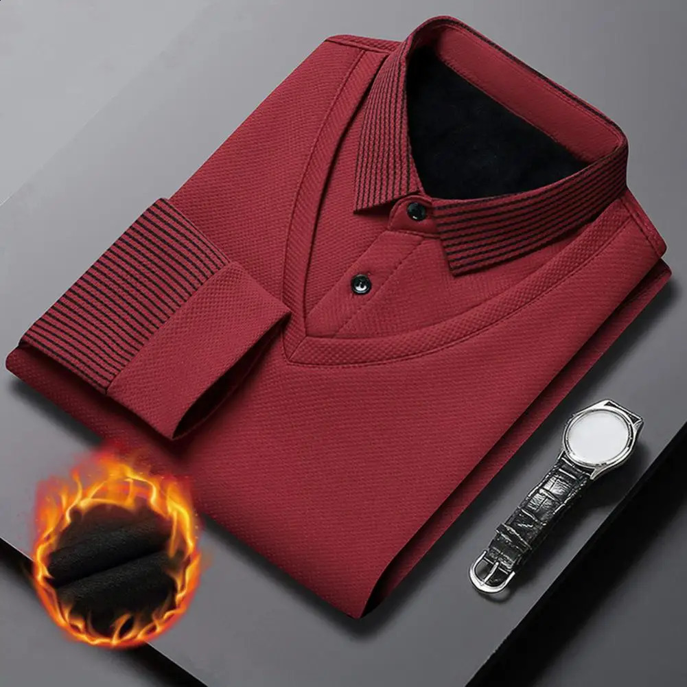 Shirt Collar Sweater Mid-aged Mens Formal Business Style Striped Sweater with Lapel Thick Plush Warm Knitted Pullover for Fall 240821