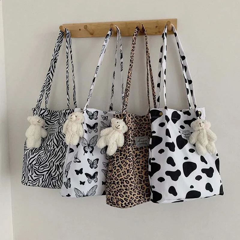Leopard Print Shoulder Bag Fashionable Canvas Large Capacity Storage Shopping Korean Chic Big Women Casual Tote Handbag y240925