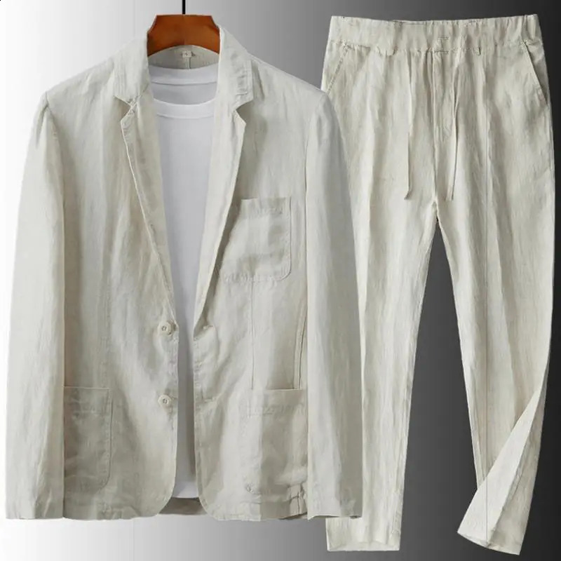 Mens 2 Piece Set Linen Pocket Solid Breathable Casual Mens Suit Business Clothing Thin Jacket Prom Long Pants Blazer Outfits 240821