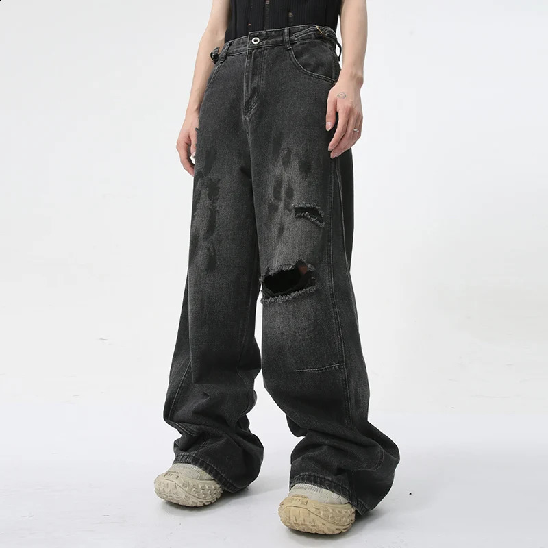 IEFB Summer Mens Denim Pants Streetwear Distressed Dirty Printed Straight Leg Jeans Trendy Male Hole n Trousers 9C5973 240821
