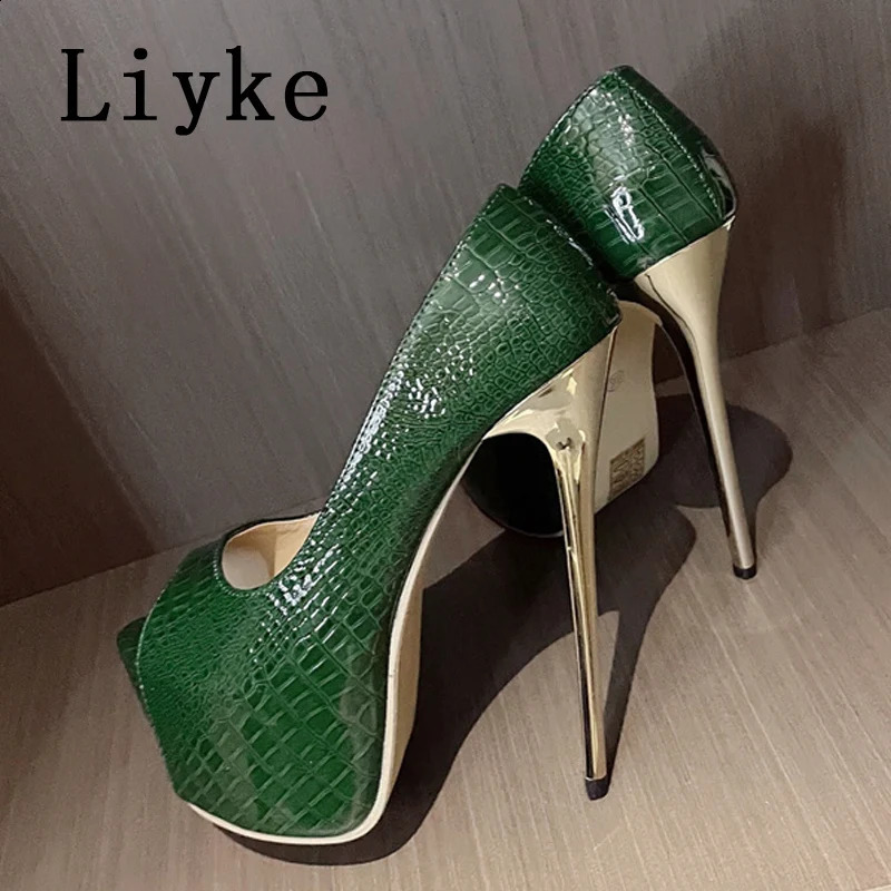 Liyke 2024 Green High Heels Women Platform Sandals Sexy Snake Print Peep Toe Club Stripper Pole Dance Shoes Pumps Size 35-42 240819