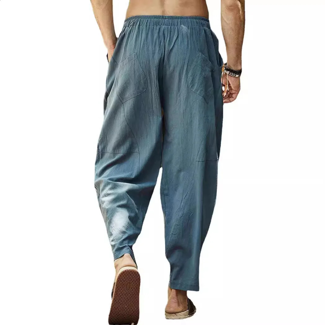 7 Color Options M-5XL Oversized Loose Pants Men Drawstring Pocket Wide Leg Pocket Cotton Linen Hip Hop Harem Trousers 240821