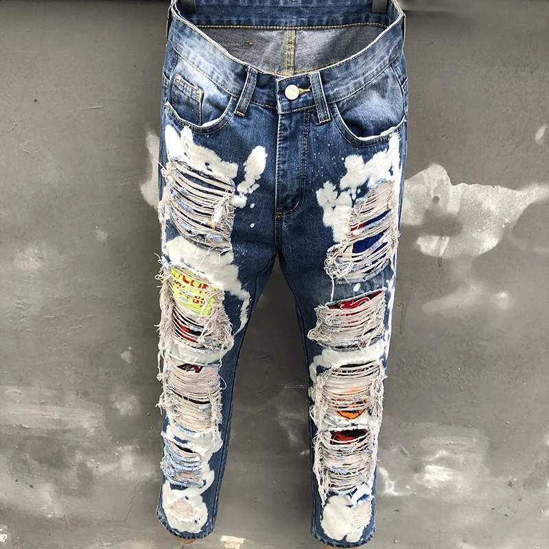 Slim Fit Denim Punk Jeans Streetwear Broken Hole Patch Skinny Trouser Quality Men High Street Denim Patchwork Stretch Jean 240821