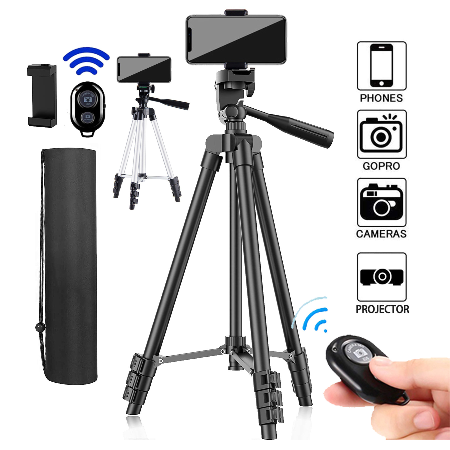 Live stand Aluminum tripod with mobile phone clip digital SLR camera telescopic stand