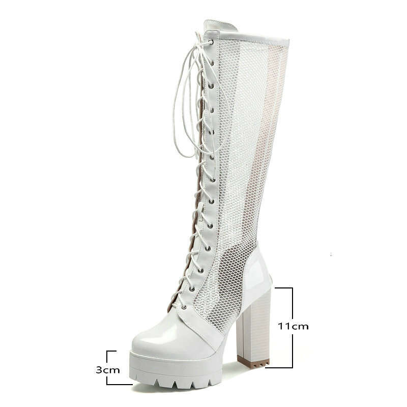 2021 PU Leather Knee Platform Square High Heel Women Summer Boots Fashion Mesh Women's Shoes Black White