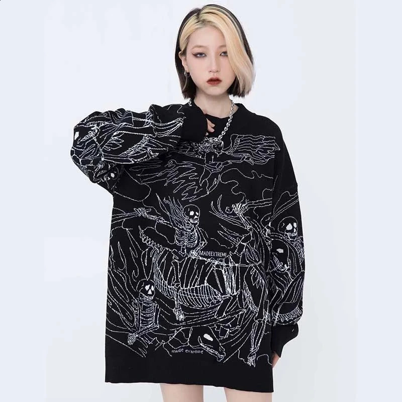 Autumn Streetwear Sweater Men Women Cotton KnitwearVintage Knitted Sweater Harajuku Ukiyo-e Style Skull Graffiti Pullover 240821