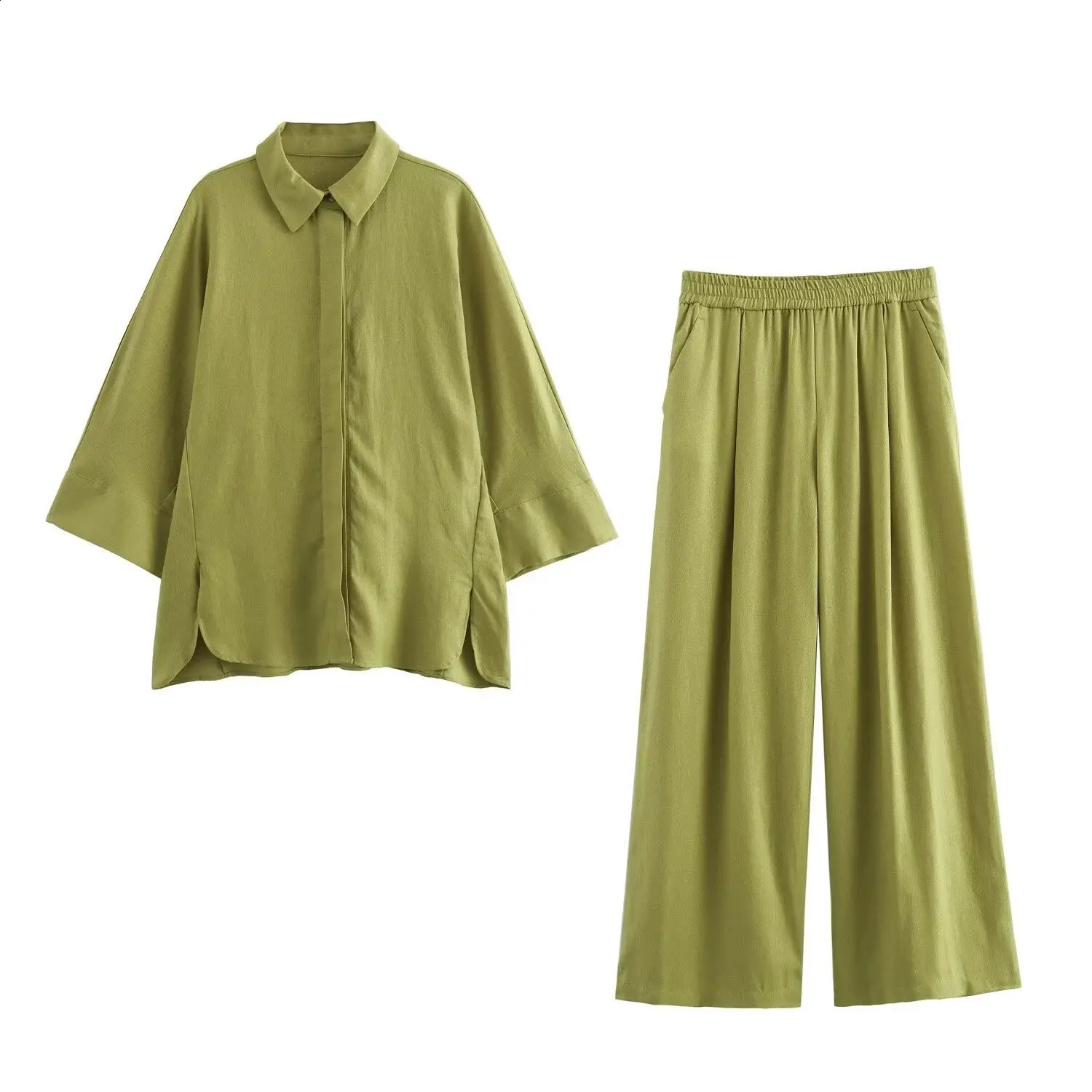 Womens Fashion Suit Autumn Casual Thin Loose Linen Shirt Elastic Straight Pants Suit Womens Two-piece Set 240820