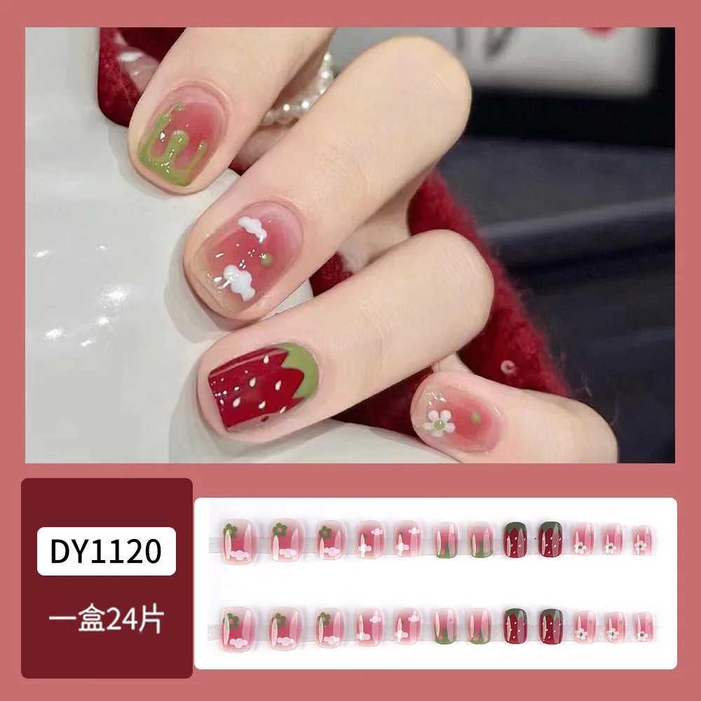 24pcs Sweet Ins Fake Nails Iced Strawberry Cloud False Nail Patch Cute Short Wearable Full Finished Press on Nails For GirlsXJ241025