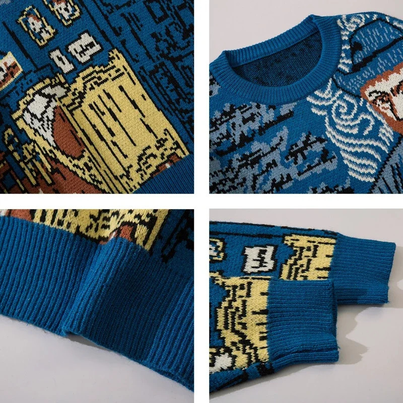 Vintage Cartoon Sweater Men Harajuku Knitted Character Sweater Cacual Knitwear Jacquard O Neck Pullover Men Clothes Unisex 240821
