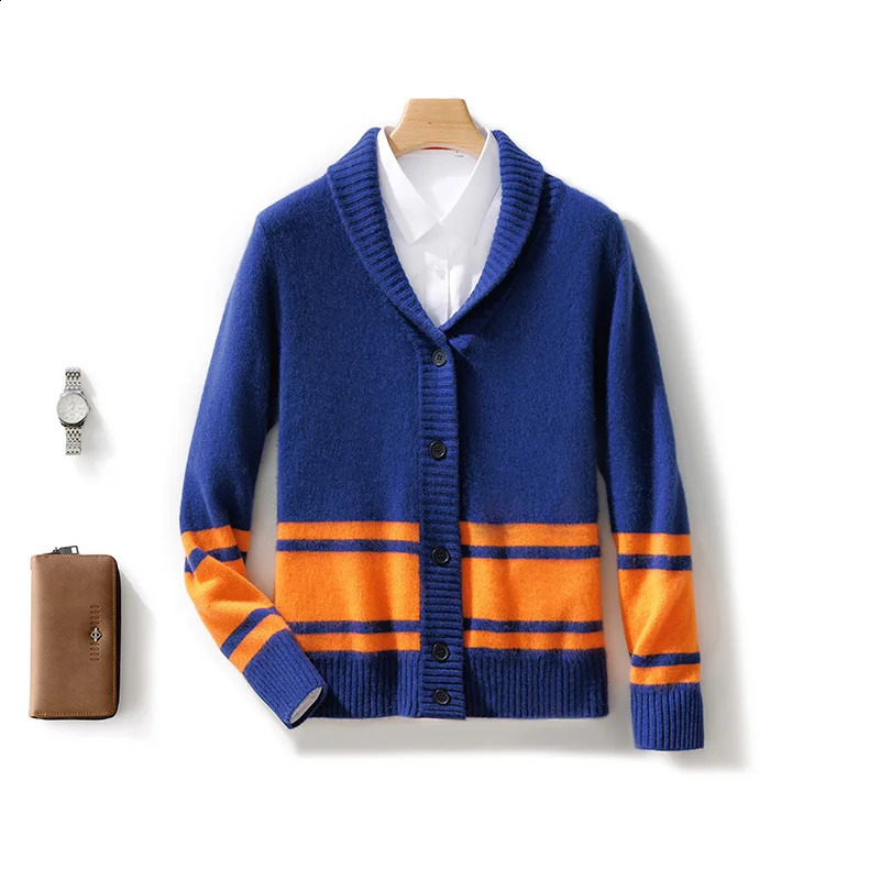 100% Merino Wool Mens Coat Green Fruit Collar Color blocked Loose cardigan Autumn/Winter Knitted Shirt Mens Clothing Warm 240821