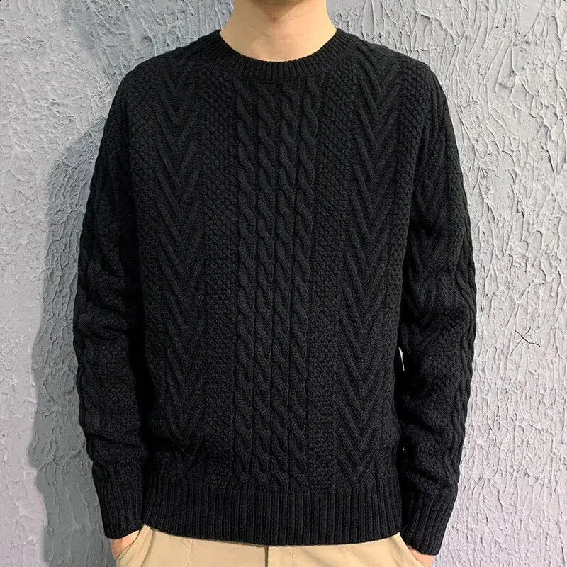 Mens Autumn Winter Fashion Simple Solid Round Neck Pullover Screw Thread Casual Versatile Long Sleeve Loose Sweater Knit Tops 240821