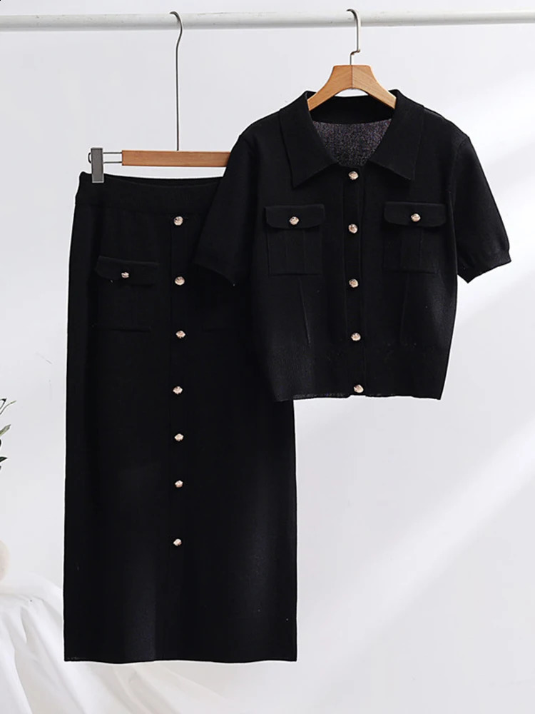 XFPV Women Sweet Lapel Short Sleeved Sweater long slim Skirt Knitted Two-piece Set Y2k Korean Fashion Autumn Winter SM11451 240820