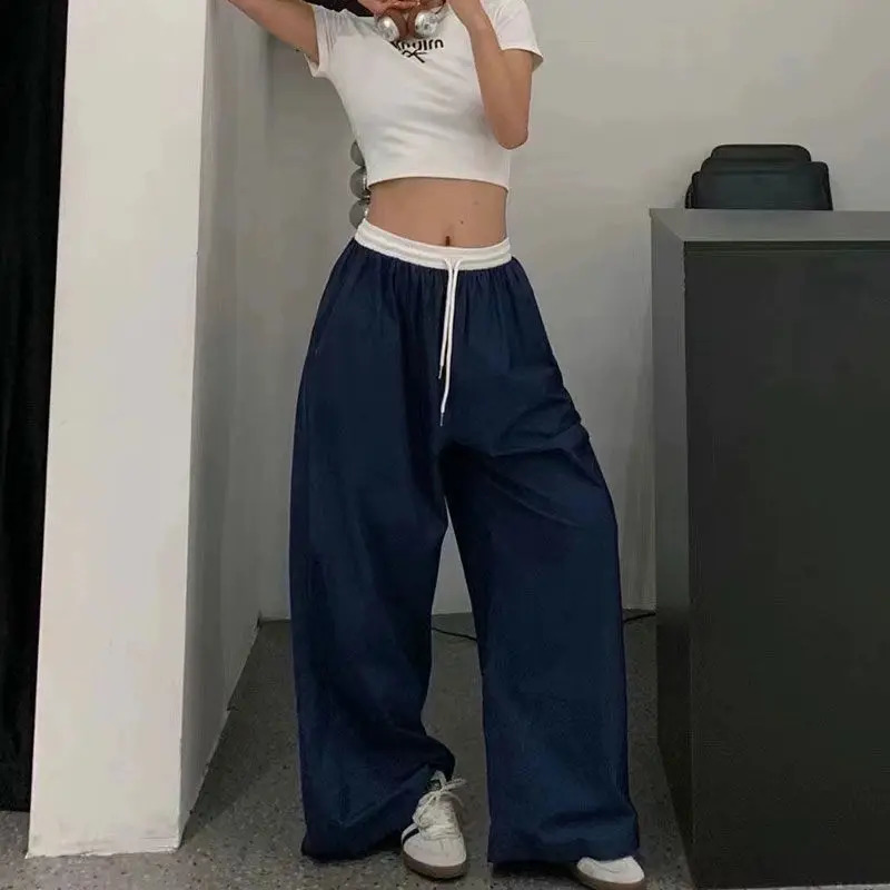 QWEEK Y2k Vintage Oversized Womans Sweatpants Baggy Korean Fashion Casual Pants Wide Blue Thin Trousers America Retro Patchwork 240820