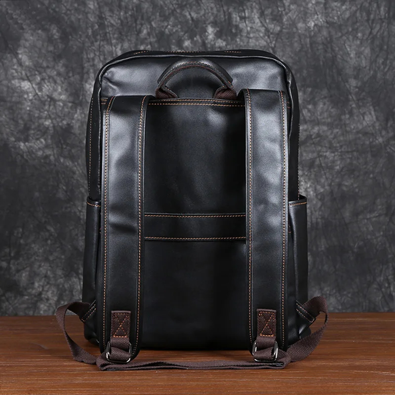Mens leather backpack top layer denim large capacity travel bag casual school simple computer 240820