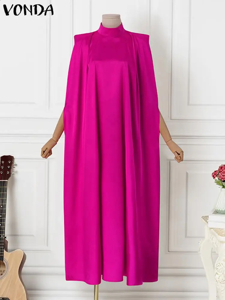 Plus size womens dress 5XL VONDA stand up collar elegant satin long bat sleeves evening pleated casual robe 240820
