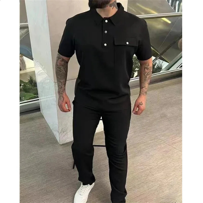 Spring and autumn mens sportswear solid casual loose comfortable mens suit short sleeved polo shirt and pants two-piece set mens suit 240827