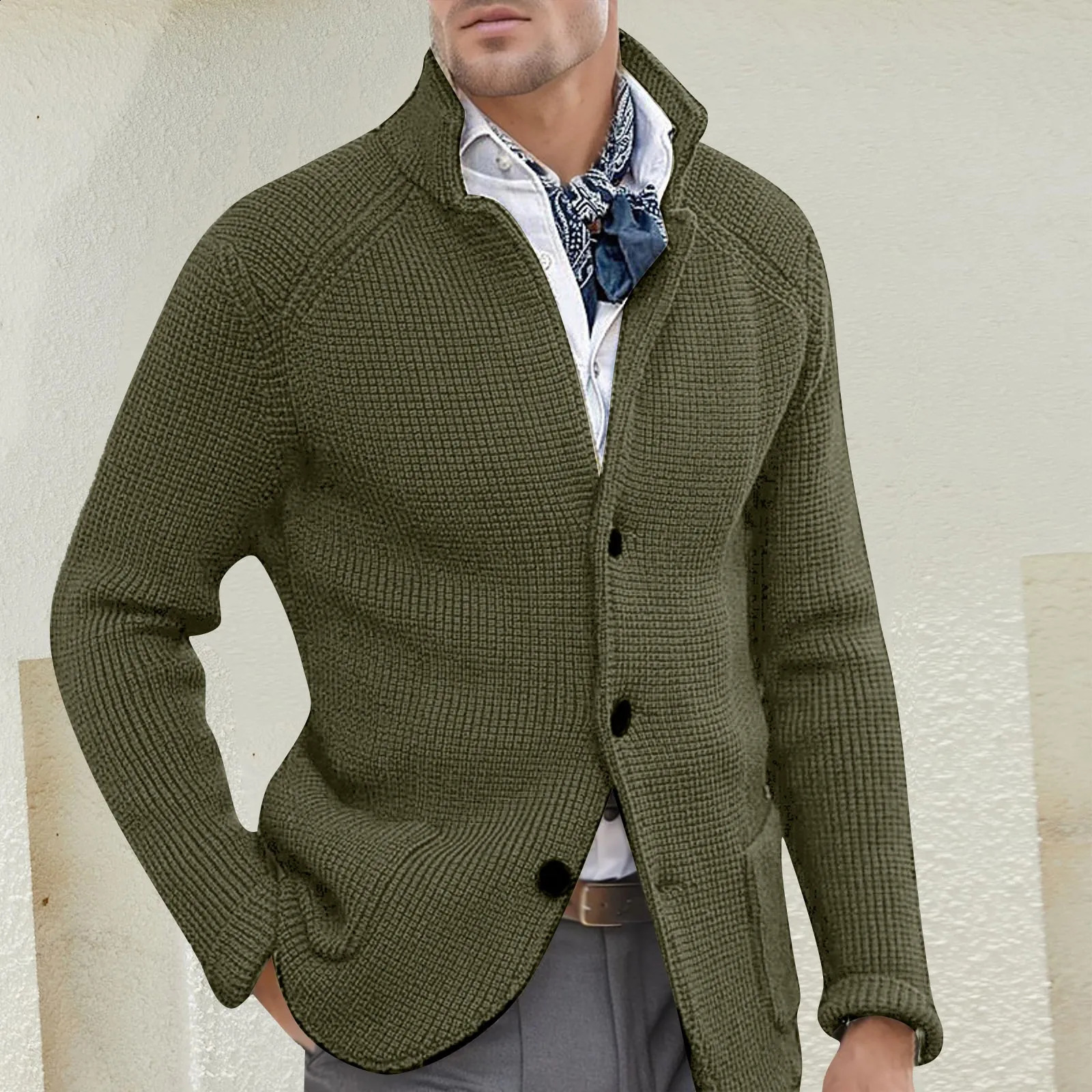 Mens single chest cardigan autumn winter knitted sweater jacket long sleeved stand up collar slim fit top 240821
