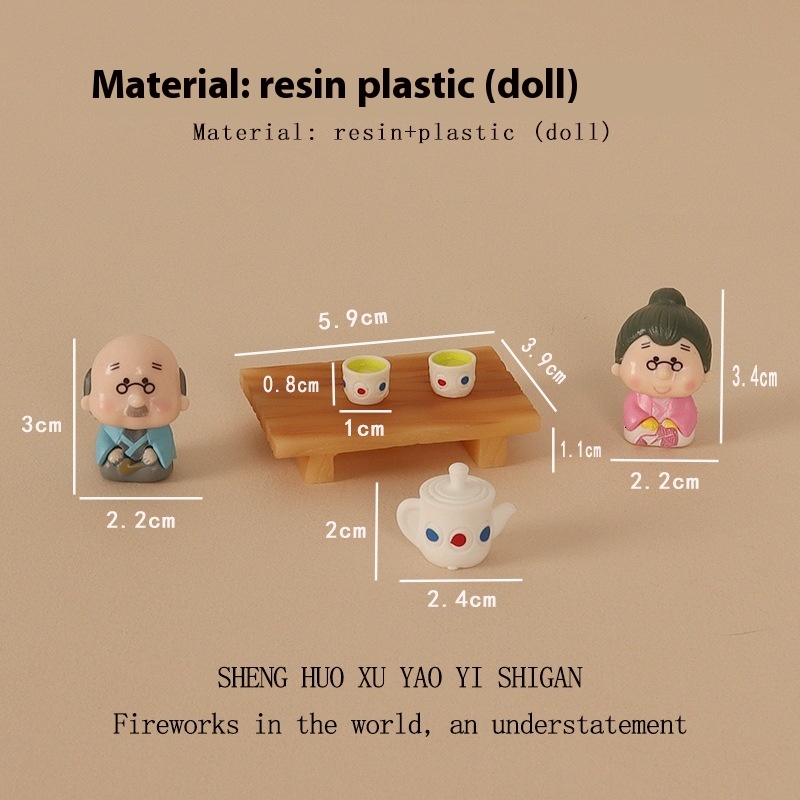 Resin Creative Crafts Mini Tea Set Elderly Doll Office Desktop Small Ornament Micro Landscape Home Scene