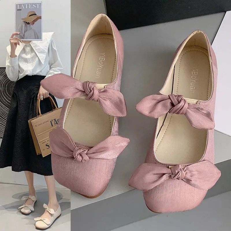Shoes for Women Flats with Bow Ladies Summer Footwear Pink Kawaii Square Toe Cute Flat on Offer Promotion Vacation E Spring 240820