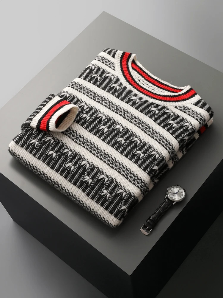 Autumn and Winter 100% Merino Wool Knitted Cashmere Sweater Mens O-Neck Pullover Jacquard Retro Stripe Contrast Top 240821