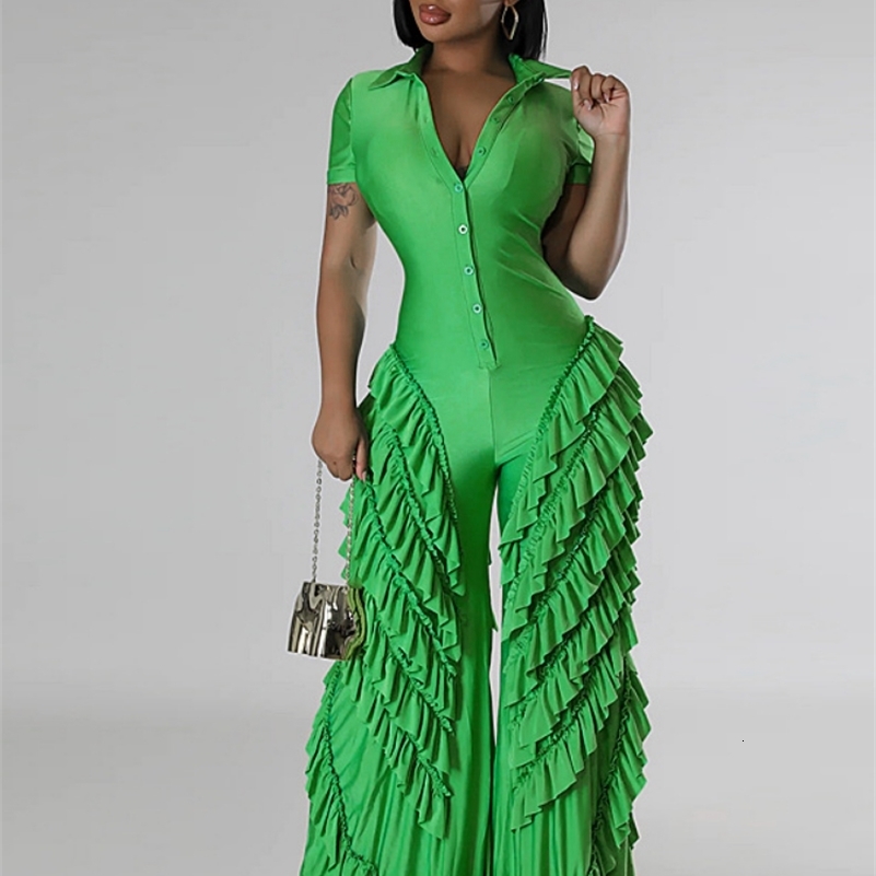 CM.YAYA Fashion Women Mult Ruffles Short Sleeve Zipper Fly Wide Leg Shirt Jumpsuit 2024 Streetwear Romper One Piece Set Playsuit 240820