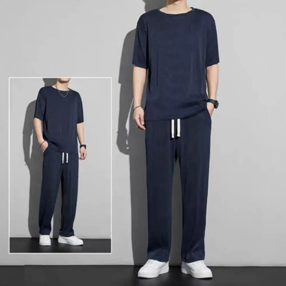 Men Sports Suit Mens Summer Casual Outfit O-neck Short Sleeve T-shirt Wide Leg Long Pants Set Elastic Drawstring Waist Solid 240821