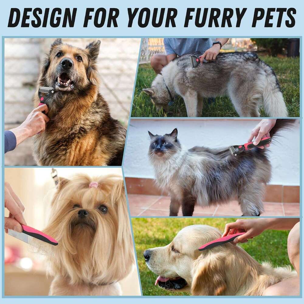 Docrok Pet Grooming and Metal Comb Combo, Cat Dog Shedding, Undercoat Rake Grooming, Dematting Deshedding Brush Dogs Shedding Tool for Long matted Hai