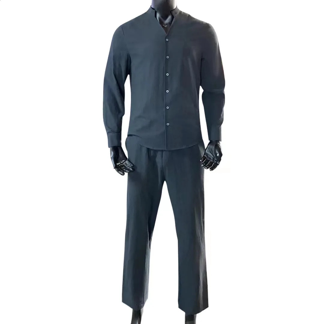 Fashion Simple Casual Sports Suit Mens Linen Breathable Solid Color Long-sleeved Stand Collar Shirt And Trousers Two-piece Set 240821