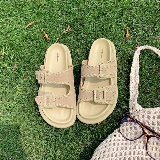 Ddmysports Grape Mom S Versatile Same Style One Step Open Toe Double Breasted Lazy Thick Sole Eightened Boken Slippers Women Summer Genuine Leather OU