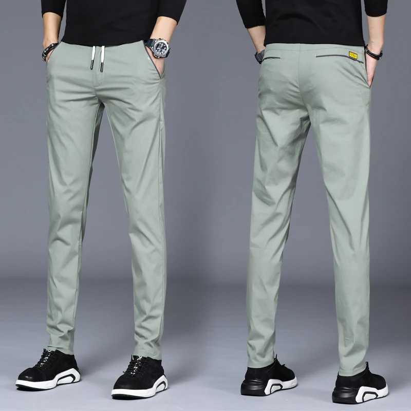 Mens thin pants 2024 summer new elastic ultra-thin slim fit Trouser lace up elastic waist casual solid straight leg pants fashionable streetwearW24072