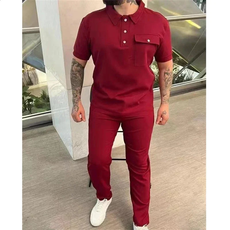 Spring and autumn mens sportswear solid casual loose comfortable mens suit short sleeved polo shirt and pants two-piece set mens suit 240827