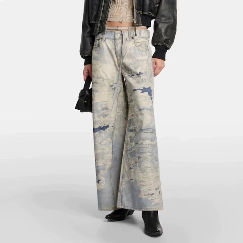 High Street Tie Dye 3D Print Frayed Wide Leg Baggy Blue Jeans for Men and Women Wide Leg Casual Loose Denim Trousers Oversized 240821