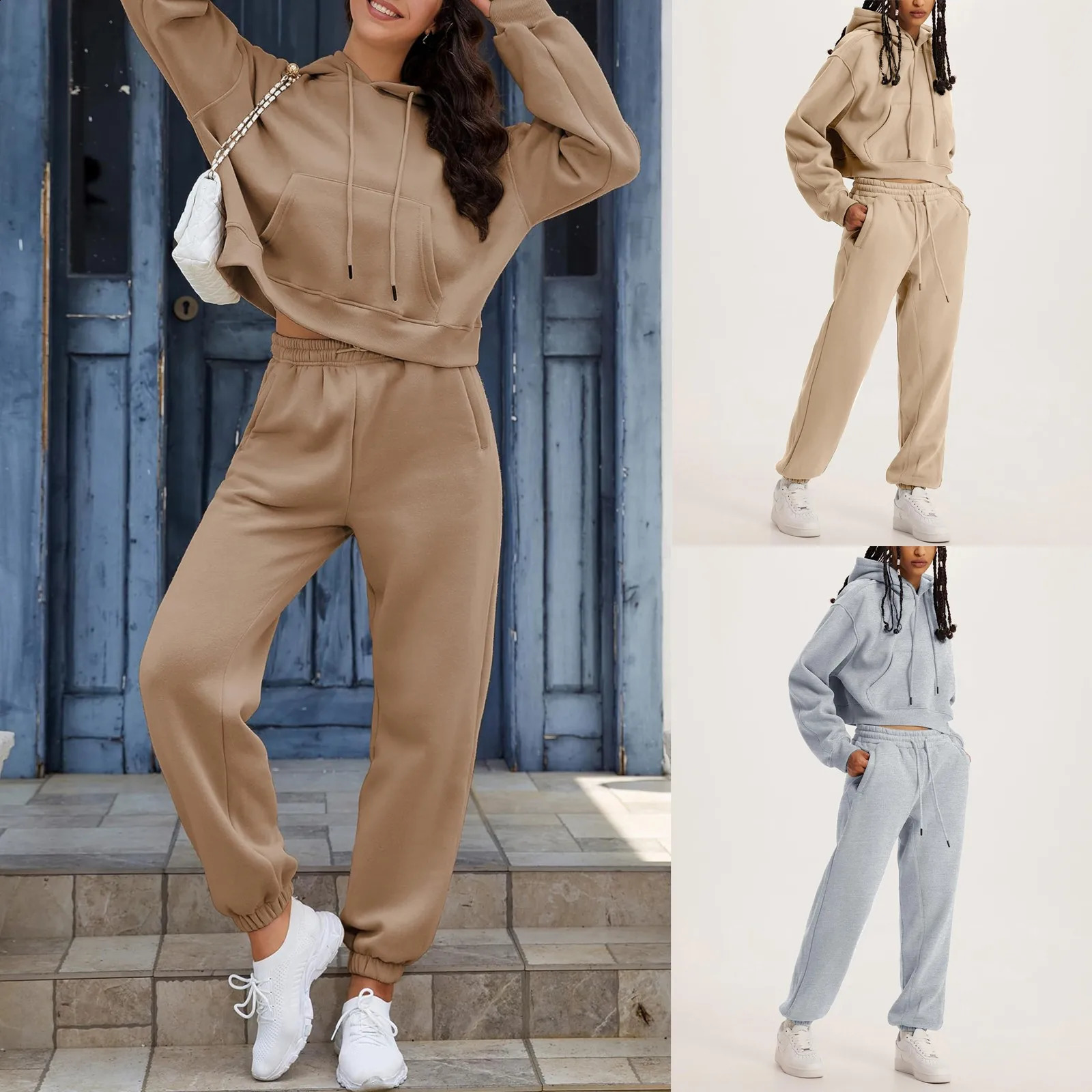 Casual hooded sweatshirt sports pants twopiece set track and field clothing womens zipper plus size 240821