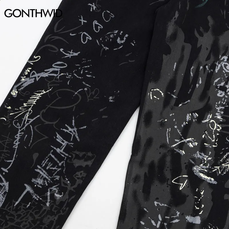 Hip Hop Black Jeans Y2K Men Graffiti Print Straight Wide Baggy Loose Denim Pants Streetwear Harajuku Fashion Punk Trousers 240821