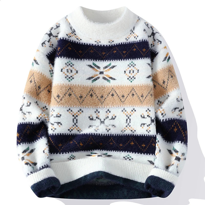 Mink Plush Thickened Round Neck Mens Autumn and Winter Loose Print Patchwork Fashionable Knitted Sweater Long Sleeved Tops 240821