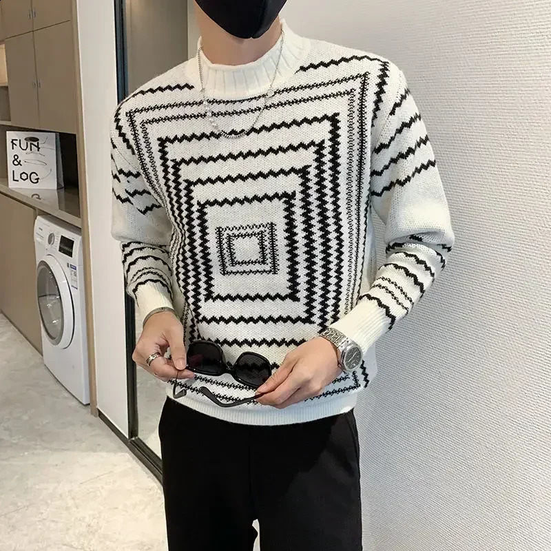 Man Clothes Graphic Knitted Sweaters for Men Pullovers Striped Half Collar Turtleneck White Korean Fashion Order Classic X 240821