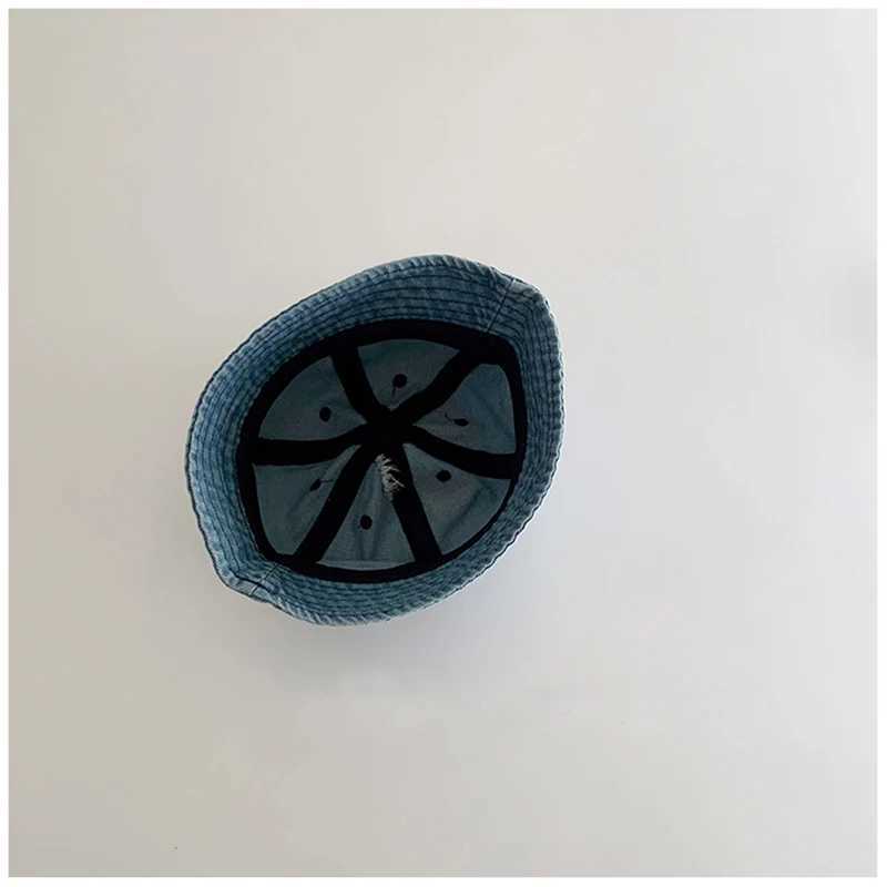 Folding Baby Denim Bucket Hat Retro Childrens Sunscreen Hat Summer Fishermans Hat Windproof Belt Boys and Girls Sunset Hat W240820