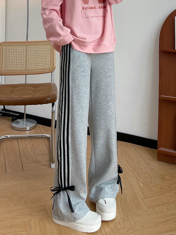 Y2k Pink Striped Sweatpants High Waist Casual Bows Wide Leg Pants Harajuku Trousers Streetwear 240821