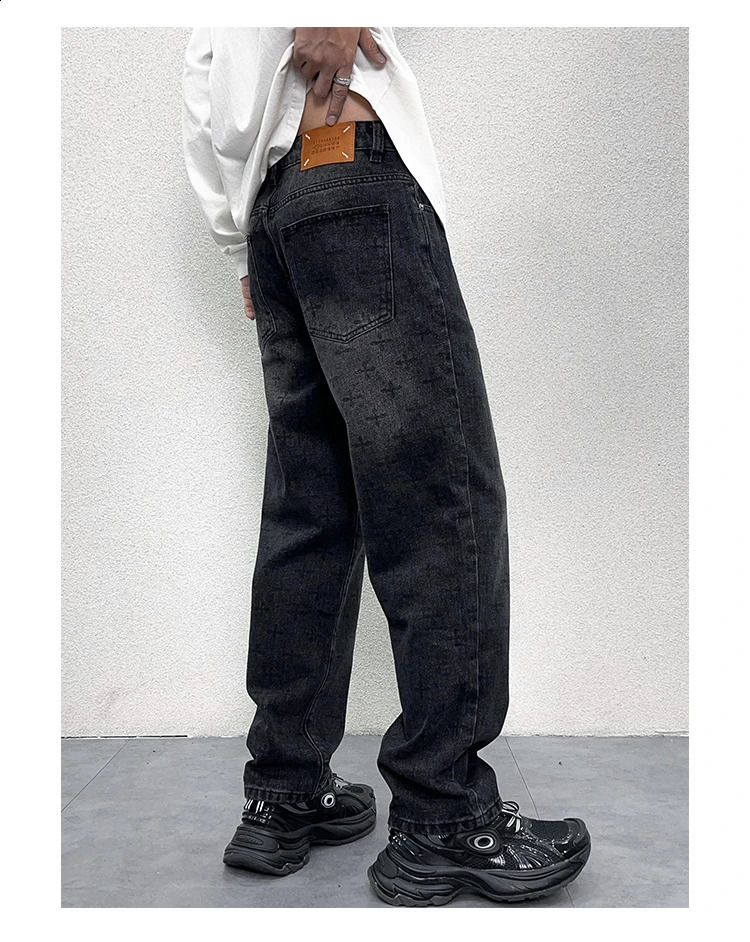 Graphic Printed Black Jeans Male Washed Loosen Fit Pants Man Wide Leg Denim Bottms 240821