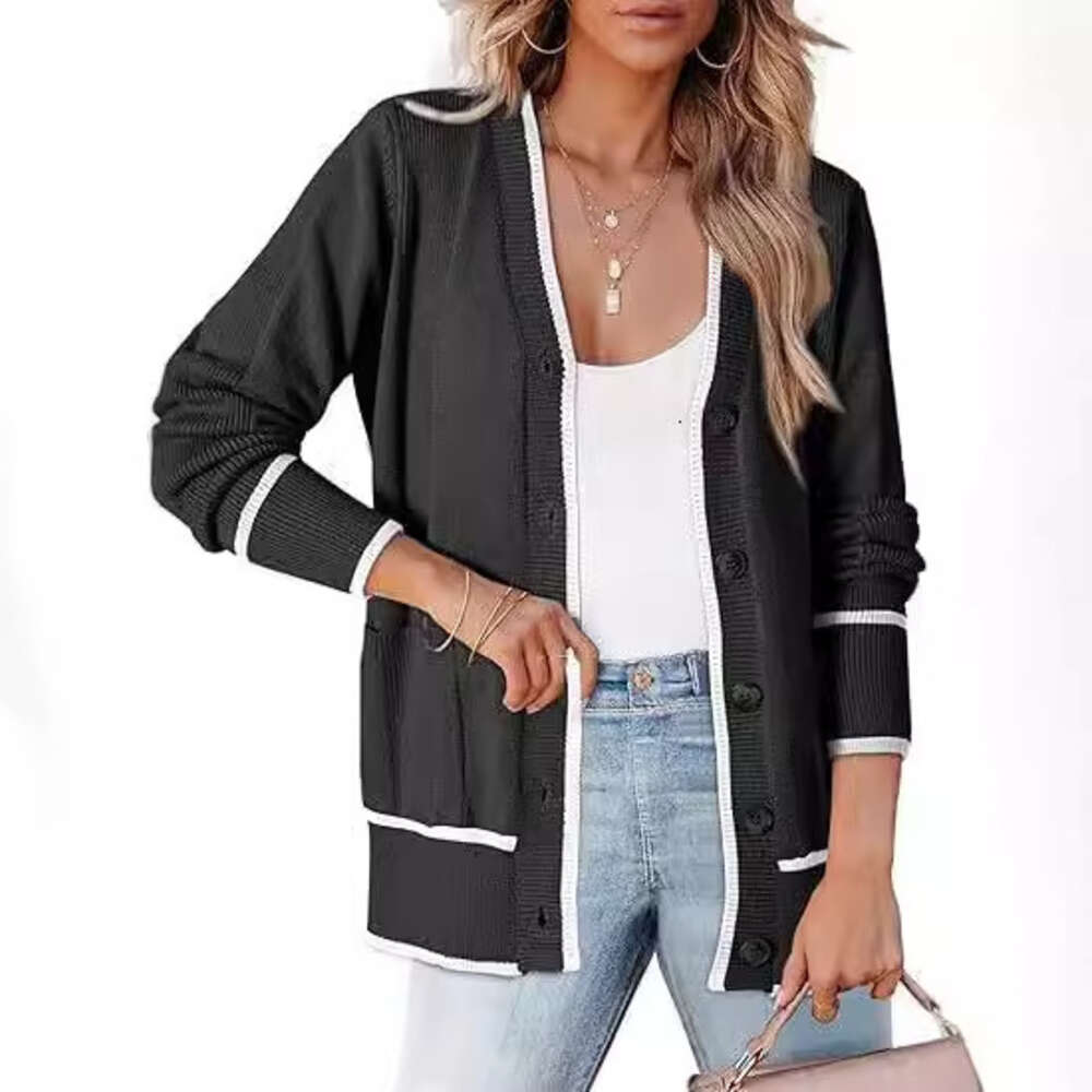 2024 Temu Xiyin Autumn/Winter New Women's Knitted Button Coat Color blocked Sweater Pocket cardigan