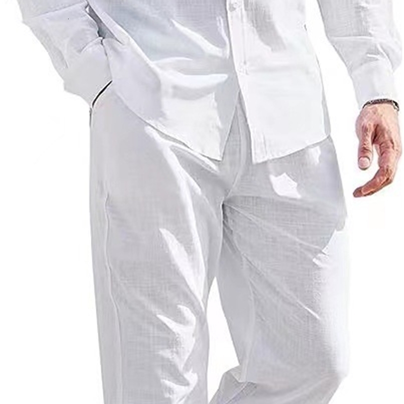 Mens Casual Linen Two Piece Sets Europe Style Vintage Basic Tops and Solid Pants Suit Male Beach Tracksuits Set 240821