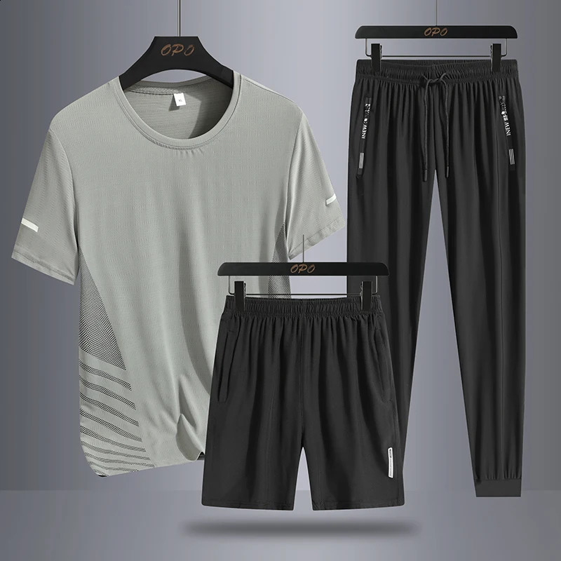 Summer mens sports running three piece set with round neck short sleeved T-shirt shorts long pants loose ice silk set 240821