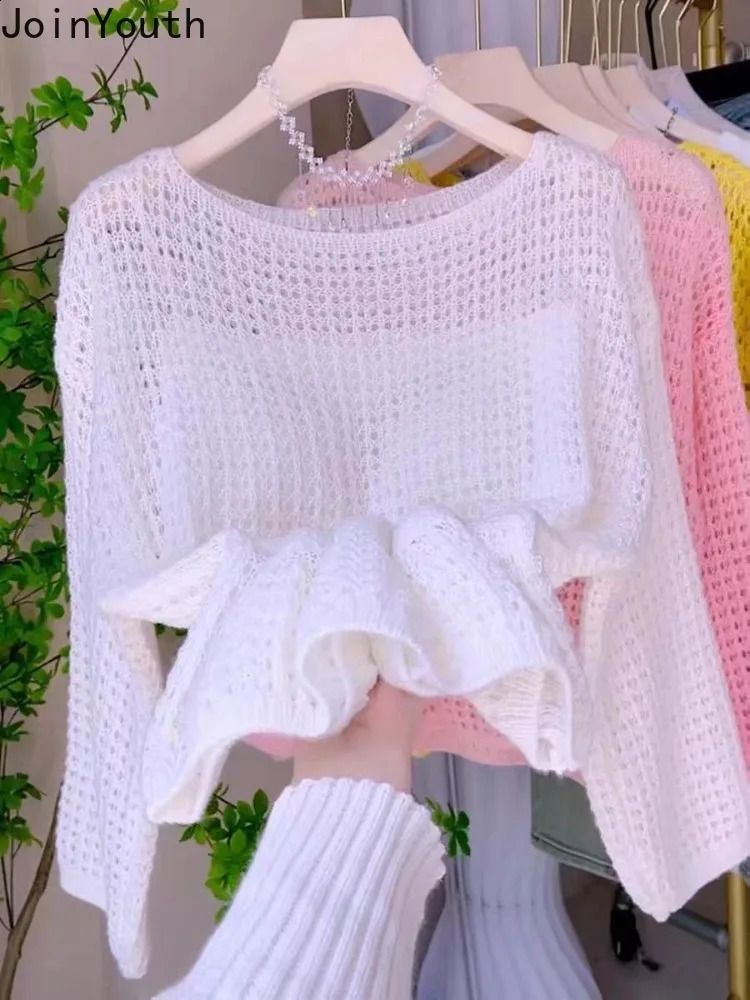 Fashion Tops Womens Handle Long Sleeve OCollar Jumper Thin Hollow Knitted Cutting Sweater Suede Printing Machine 240821