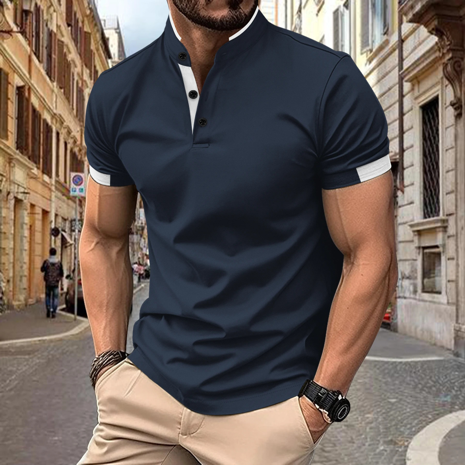 2024 Summer mens Henry Neck short-sleeved polo shirt Business casual button fashion breathable T-shirt 240821