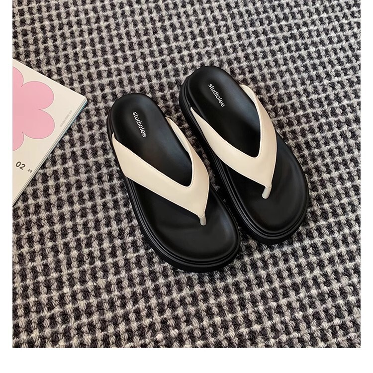 Ddmysports Grape Mom S Same Casual Versatile Round Clip Toe Thick Sole Simplified Erringbone Slippers For Women Genuine Leather Summer Outwear OUTDOOR