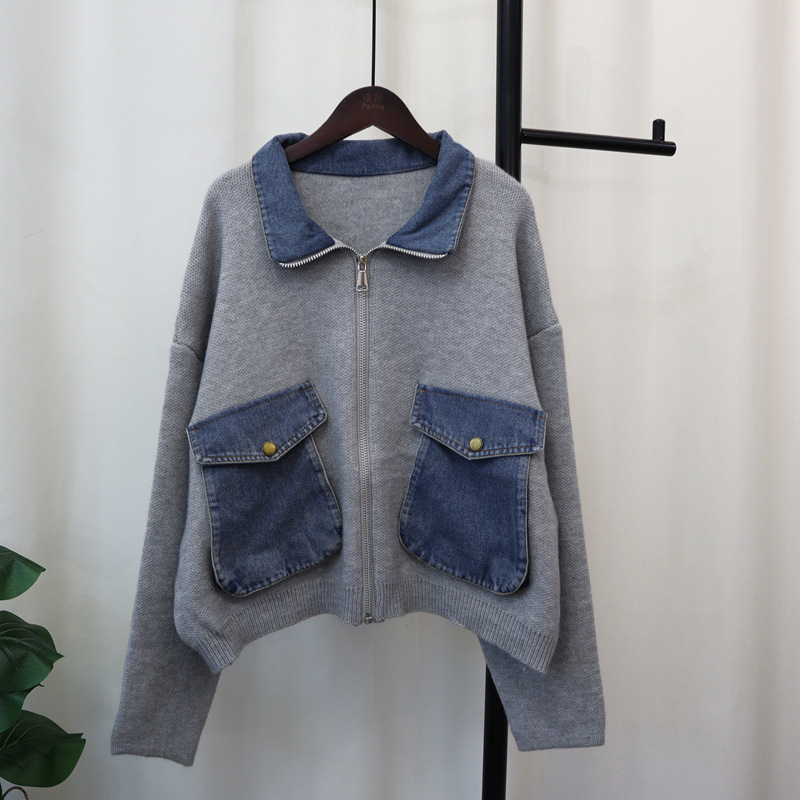 Cowboy patchwork knitted cardigan 2024 autumn winter new item, with collar design and a zipper sweater jacket for women's fashion